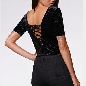 Kendall & Kylie Black Velvet Lace-Up Crop Top S